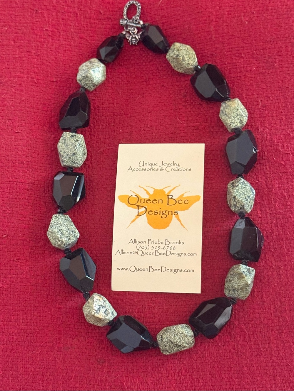 Queen Bee Designs Allison Priebe Brooks Black & Pyrite Beaded Necklace 18”